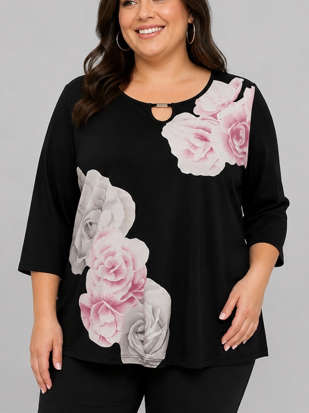 GEORGE Black Floral Top 3/4 Sleeve Crystal Accent 1X